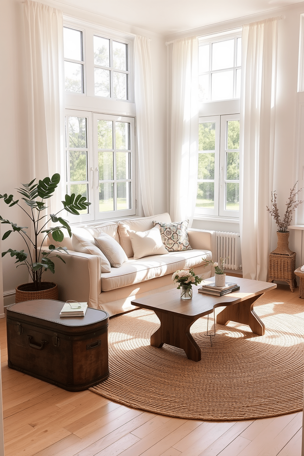 A bright and airy summer apartment filled with light colors and natural textures. The living room features a soft beige sofa adorned with pastel throw pillows, complemented by a woven jute rug beneath a rustic wooden coffee table. In one corner, a vintage suitcase serves as both a stylish storage solution and a decorative element, adding character to the space. Large windows draped with sheer white curtains allow sunlight to flood in, enhancing the cheerful ambiance of the room.