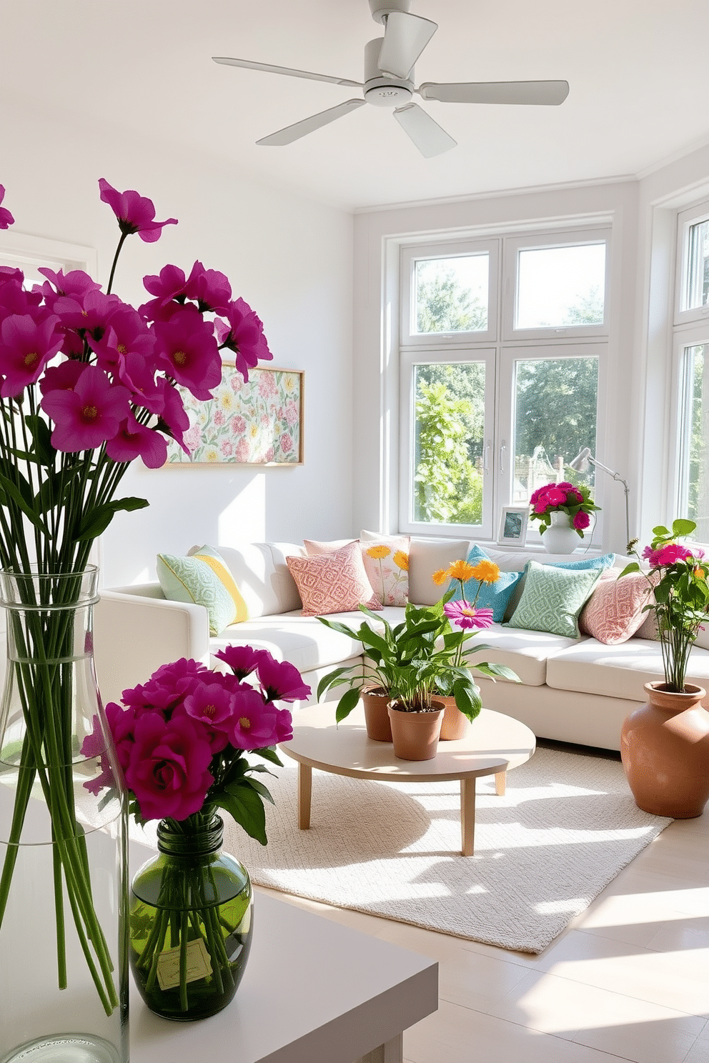 A bright and airy summer apartment filled with natural light. Fresh flowers in vibrant vases are strategically placed throughout the space, adding a lively touch to the decor. The living room features a comfortable sofa adorned with colorful throw pillows. A large coffee table sits in the center, surrounded by a few potted plants that enhance the fresh ambiance.