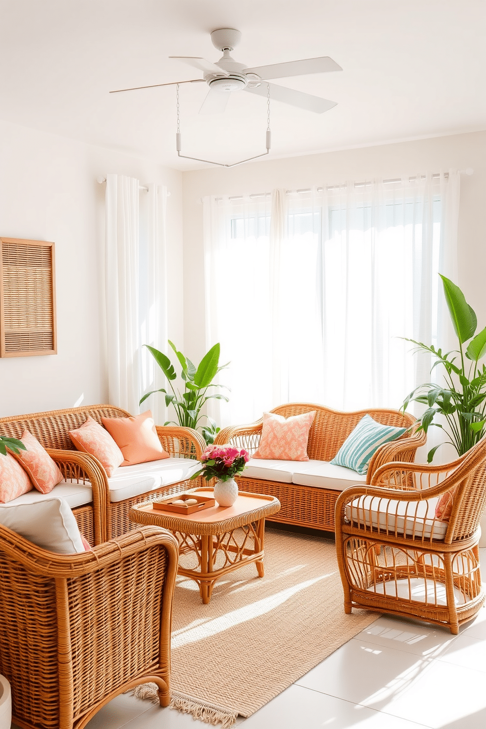 A bright and airy summer apartment decorated with rattan furniture. The living area features a large wicker sofa adorned with colorful cushions and a matching coffee table made of natural fibers. In the corner, a rattan armchair complements the space, surrounded by potted plants that add a touch of greenery. The walls are painted in a soft pastel hue, and light sheer curtains allow sunlight to filter in, creating a warm and inviting atmosphere.