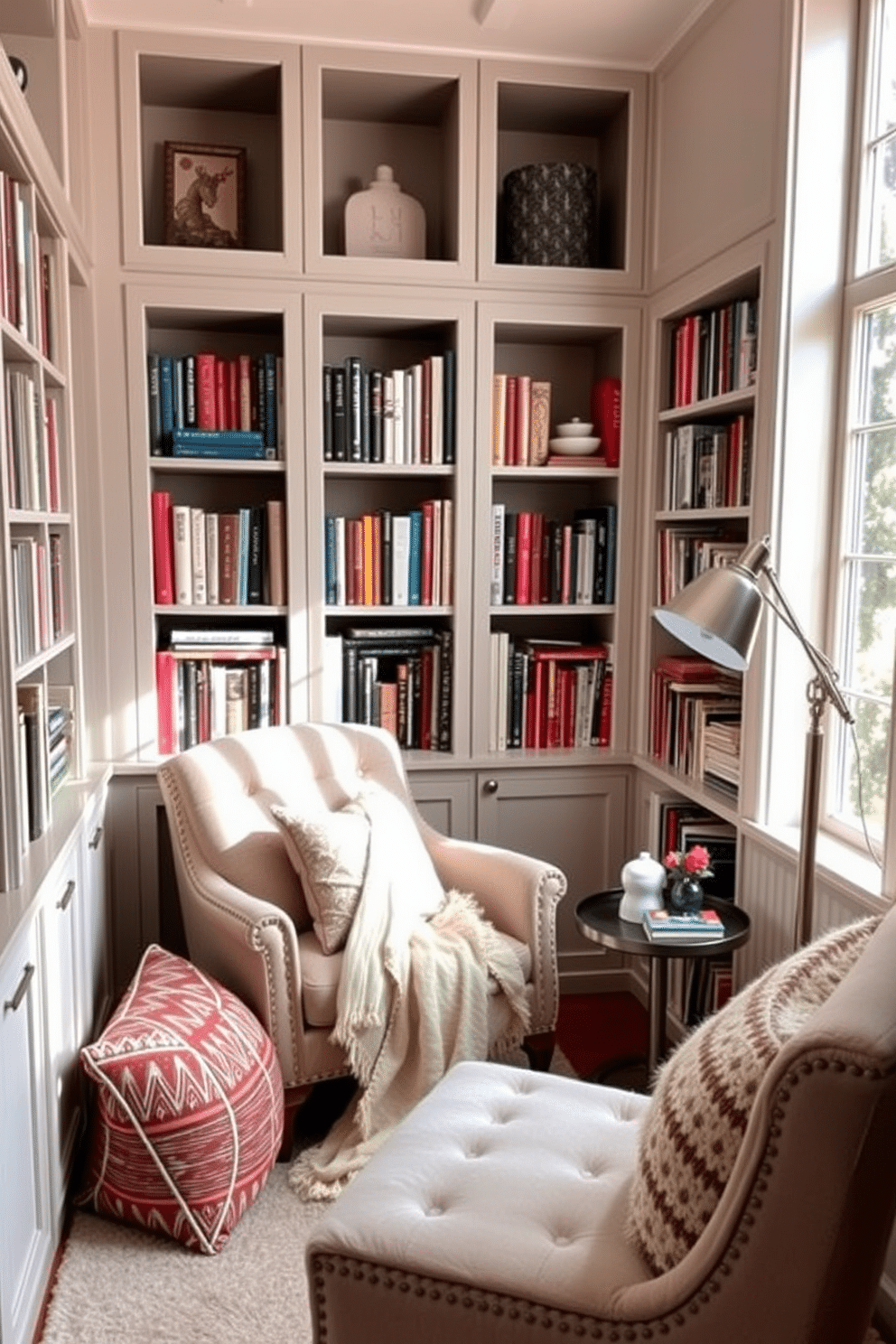 Create a cozy reading nook with plush cushions and a soft throw blanket. A comfortable armchair is positioned next to a large window, allowing natural light to fill the space. Surround the nook with bookshelves filled with colorful books and decorative items. Add a small side table to hold a steaming cup of tea and a stylish reading lamp for evening comfort.