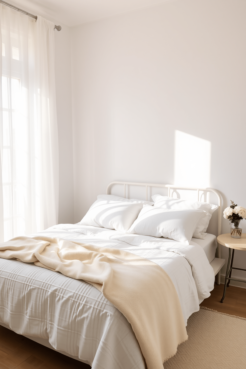 A bright and airy summer apartment featuring light-colored bedding that creates a fresh and inviting atmosphere. The room is accented with soft pastel pillows and a lightweight throw blanket draped over the foot of the bed. Natural light floods in through sheer curtains, illuminating the space and enhancing the cozy feel. A small bedside table holds a vase of fresh flowers, adding a touch of nature to the decor.