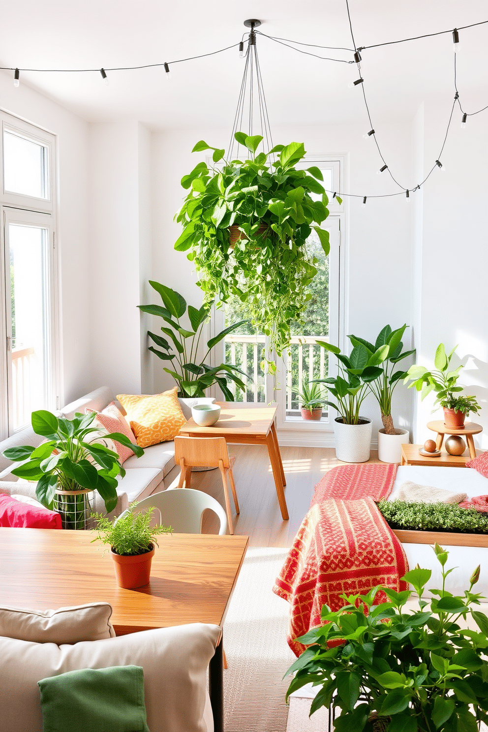 A bright and airy summer apartment filled with natural light. Lush indoor plants are strategically placed throughout the space, adding vibrant greenery and a refreshing ambiance. The living area features a cozy sectional sofa adorned with colorful throw pillows. A large potted fiddle leaf fig stands in the corner, enhancing the room's cheerful atmosphere. The dining area includes a sleek wooden table surrounded by modern chairs. A cascading plant hangs from the ceiling, creating a beautiful focal point above the table. In the bedroom, a comfortable bed is dressed in light linens with a pop of color from a patterned throw. A small succulent garden sits on the nightstand, bringing a touch of nature to the bedside. The balcony is adorned with a small bistro set and potted herbs for a touch of greenery. String lights overhead create a warm and inviting space for summer evenings.