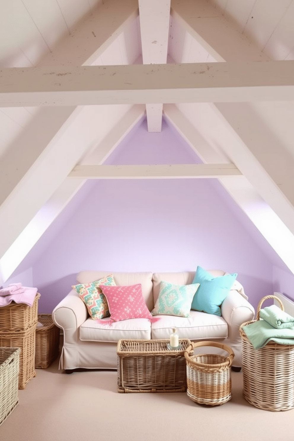 A bright and airy attic space filled with cheerful pastel colors. The walls are painted in soft lavender, and the ceiling features exposed wooden beams painted white. A cozy seating area includes a plush light pink sofa adorned with colorful throw pillows. Vintage wicker baskets are placed in the corners, adding a touch of charm and storage.