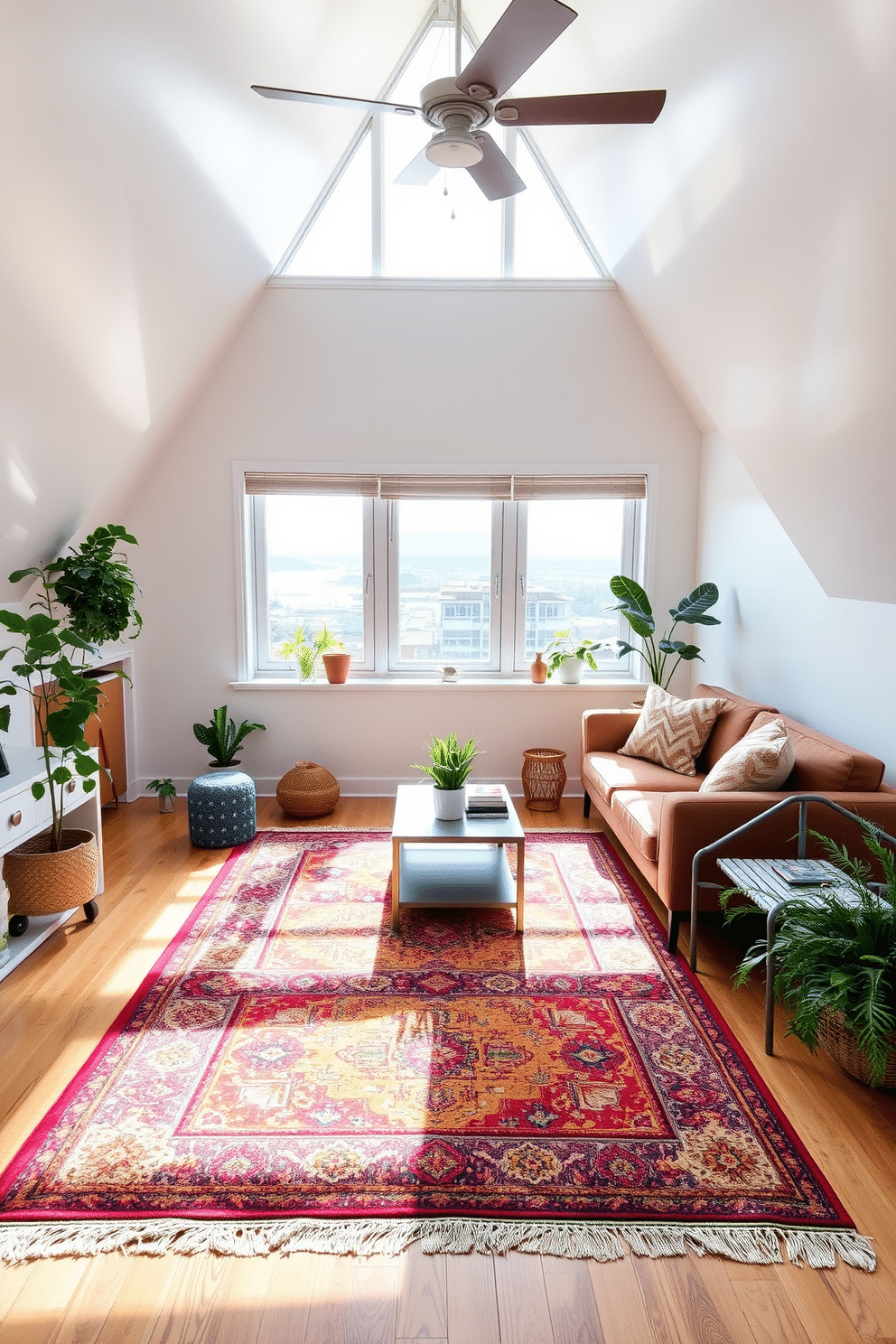 A bright and airy attic space filled with natural light. The floor is adorned with a vibrant area rug that adds warmth and color to the room. Cozy seating is arranged around a small coffee table, creating an inviting reading nook. Large windows offer scenic views, while decorative plants bring life to the space.