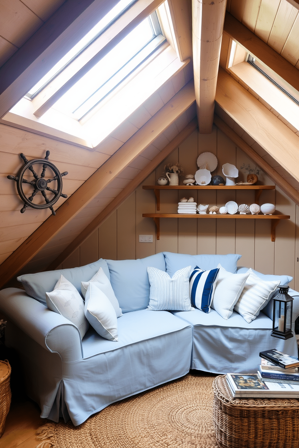 A cozy summer attic space features exposed wooden beams and soft natural light streaming through skylights. The room is adorned with nautical decor elements, including a vintage ship wheel mounted on the wall and a collection of seashells displayed on a rustic shelf. A comfortable seating area is created with a large, plush sofa covered in light blue fabric, complemented by throw pillows in various shades of white and navy. A woven jute rug anchors the space, while a small side table holds a decorative lantern and a stack of travel books.