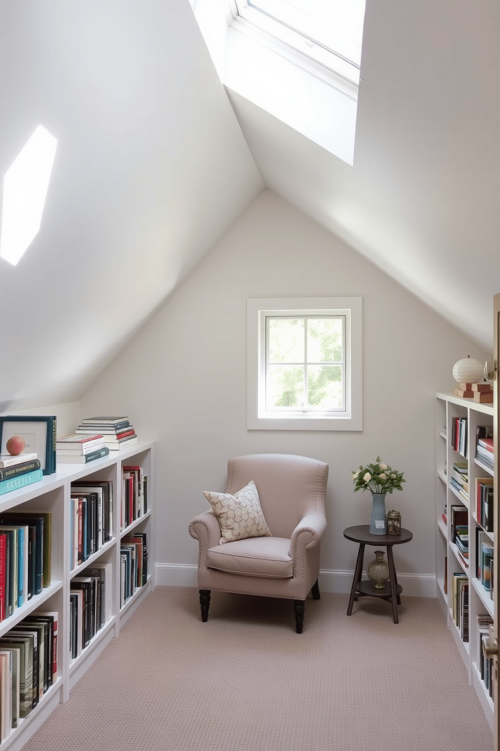 A cozy summer attic retreat with open shelving for easy access to books and decorative items. The walls are painted in a soft white hue, and natural light pours in through a skylight, illuminating a charming reading nook with a plush armchair and a small side table.