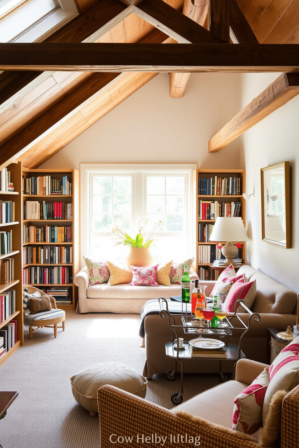 A cozy summer attic space filled with natural light. The room features a comfortable seating area with a plush sofa and colorful throw pillows, surrounded by vintage bookshelves filled with well-loved books. In one corner, a small bar cart is elegantly styled with refreshing beverages and glassware. The walls are adorned with light, airy artwork, and the wooden beams add a rustic charm to the overall design.