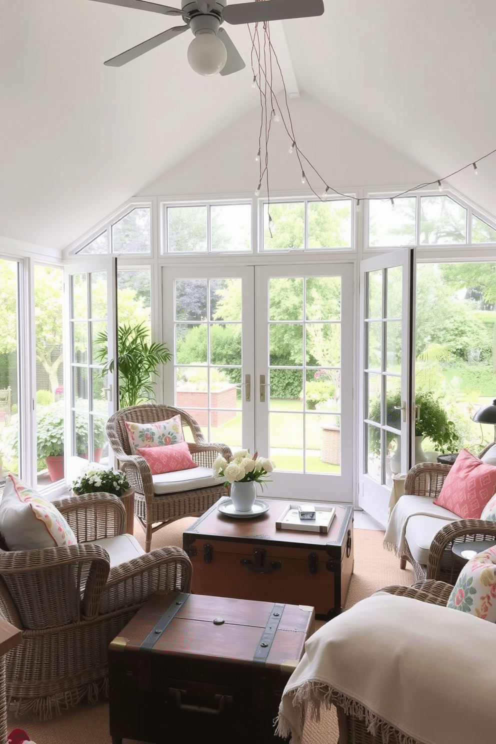 Create a sunroom feel with glass doors that open to a lush garden. The space is filled with natural light, featuring comfortable wicker furniture adorned with colorful cushions. For summer attic decorating ideas, envision a cozy retreat with soft pastel colors and airy fabrics. Include a vintage trunk as a coffee table and hang delicate string lights for a whimsical touch.