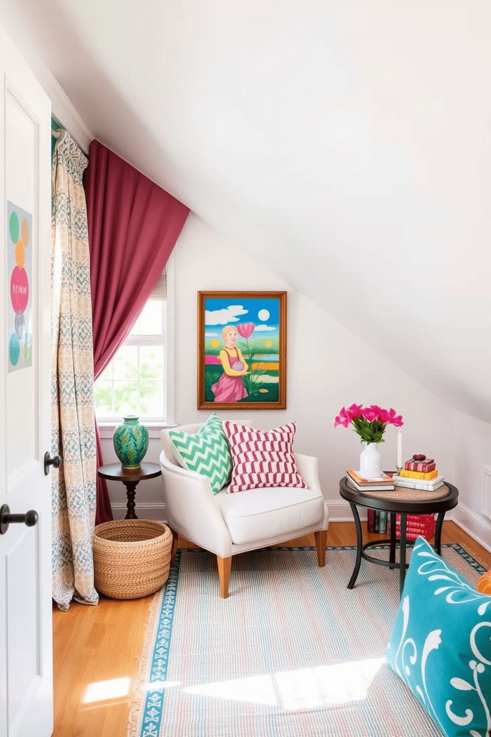 Create a bright and inviting attic space that captures the essence of summer. Incorporate vibrant artwork on the walls to energize the room and draw the eye. Use light, airy fabrics for curtains and throw pillows to enhance the feeling of openness. Include a cozy reading nook with a plush chair and a small side table, perfect for enjoying warm summer afternoons.