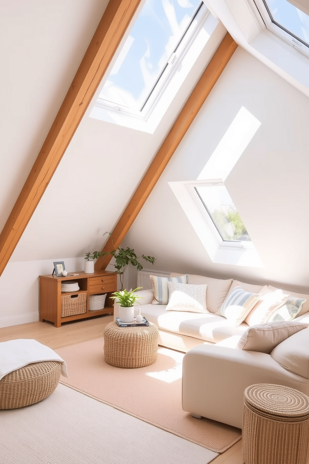 A bright and airy summer attic space filled with natural light from newly installed skylights. The room features a cozy seating area with soft cushions and a light-colored rug, complemented by wooden beams and light pastel decor.