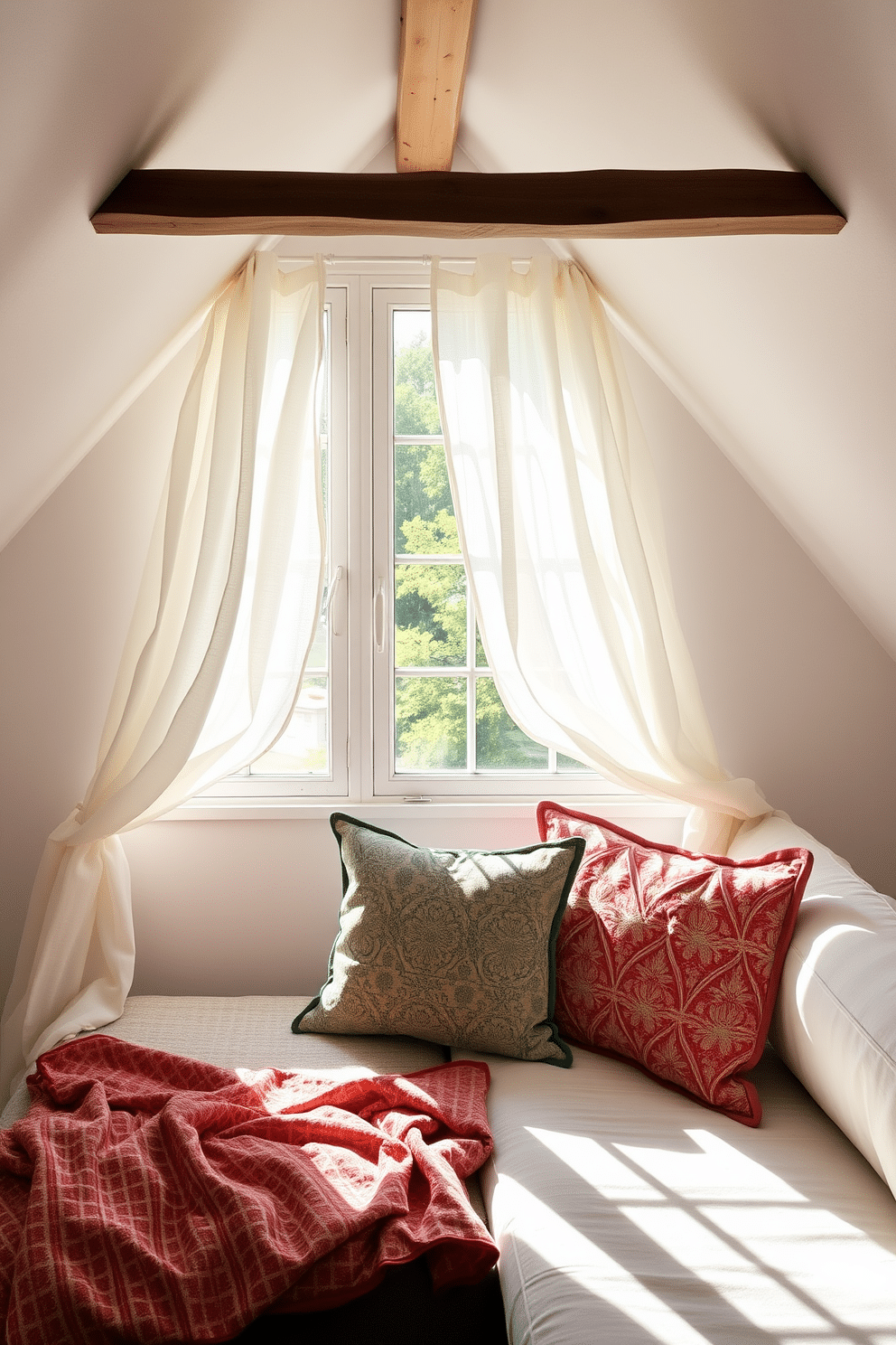 A cozy summer attic retreat filled with natural light. Lightweight linen curtains billow gently in the breeze, allowing fresh air to circulate throughout the space. The walls are painted in a soft pastel hue, creating a serene atmosphere. A comfortable daybed is adorned with colorful throw pillows, inviting relaxation and leisure.