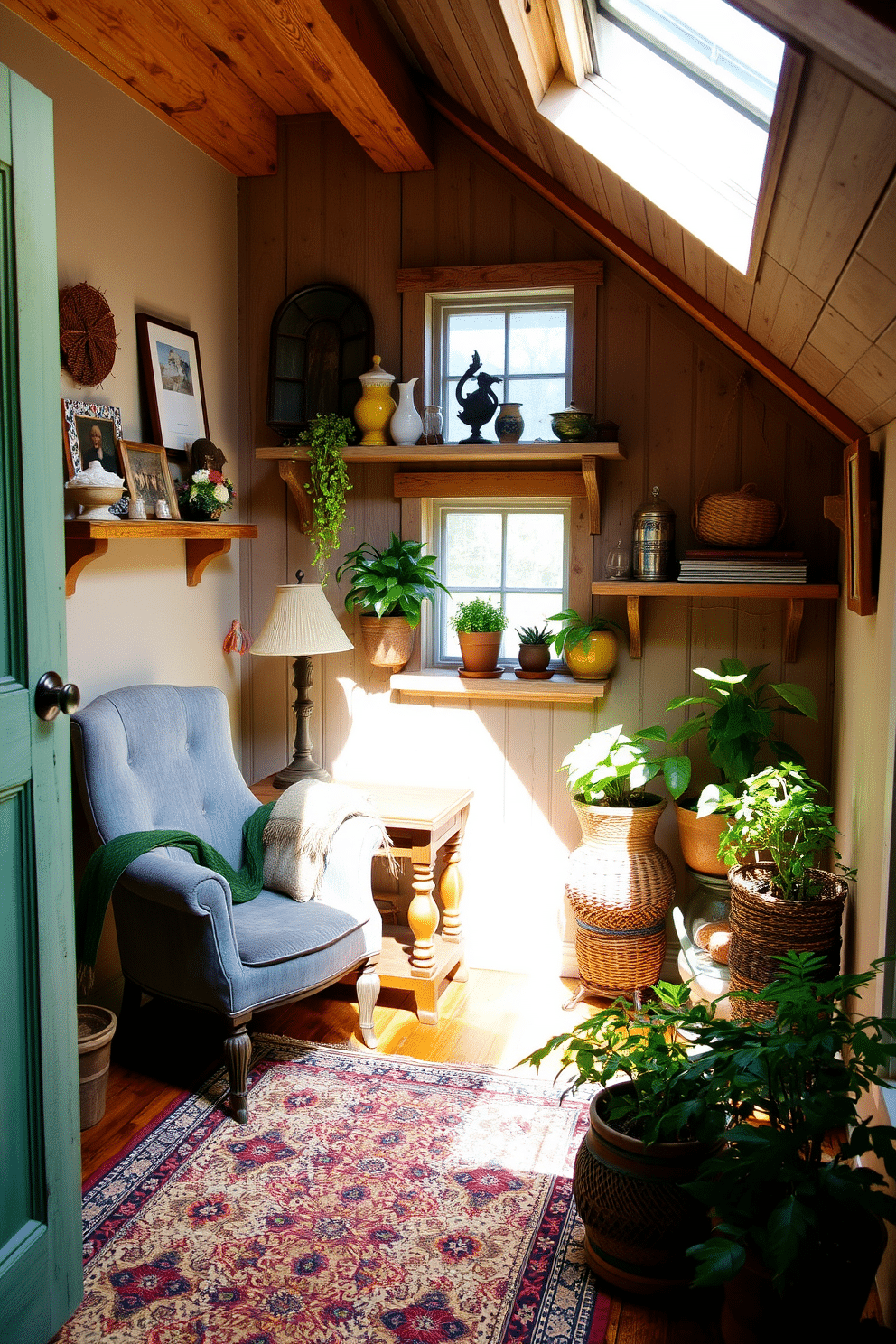 A charming summer attic setting filled with vintage finds that add character and warmth. The space features a cozy reading nook with a weathered armchair and a small wooden side table adorned with an antique lamp. Sunlight streams through a small window, illuminating a collection of eclectic decor items on rustic shelves. A patterned rug anchors the room, while potted plants bring a touch of greenery to the inviting atmosphere.