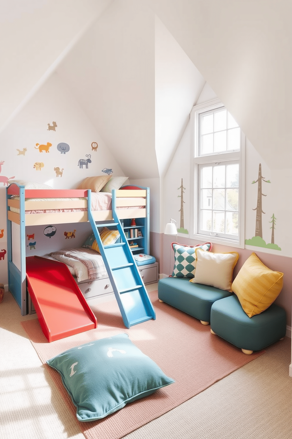 Create a playful bunk area for kids. The space features a colorful bunk bed with a slide and built-in storage beneath, surrounded by bright wall decals of animals and trees. Summer attic decorating ideas include a cozy reading nook with oversized cushions and a small bookshelf. The walls are painted in soft pastel colors, and large windows let in plenty of natural light, creating an airy and inviting atmosphere.