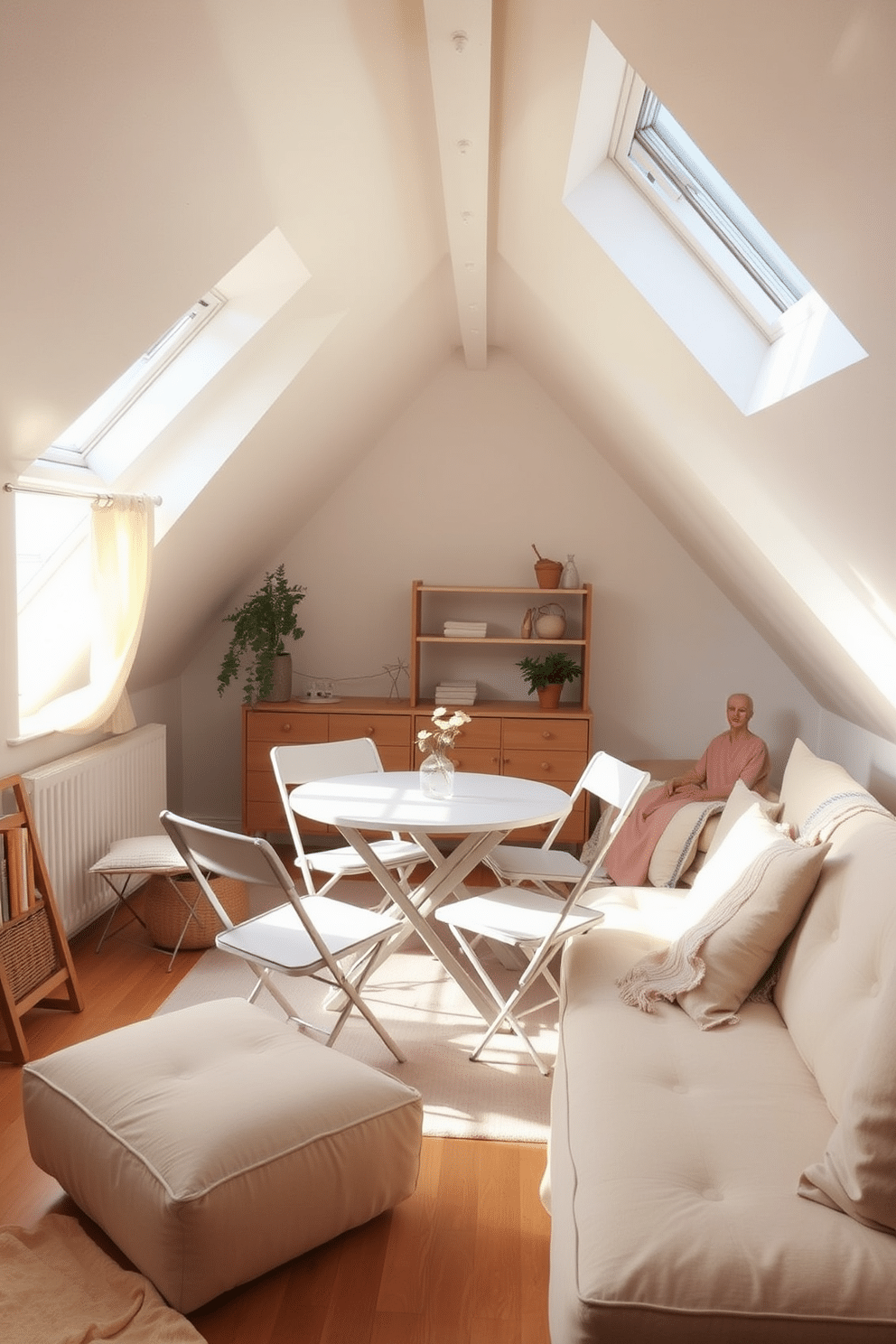 A cozy summer attic space featuring foldable furniture that maximizes flexibility and functionality. The room includes a compact folding table surrounded by lightweight chairs, allowing for easy rearrangement and storage. Natural light floods in through skylights, illuminating the space with warmth. Soft, pastel-colored textiles drape over the furniture, creating a relaxed and inviting atmosphere.