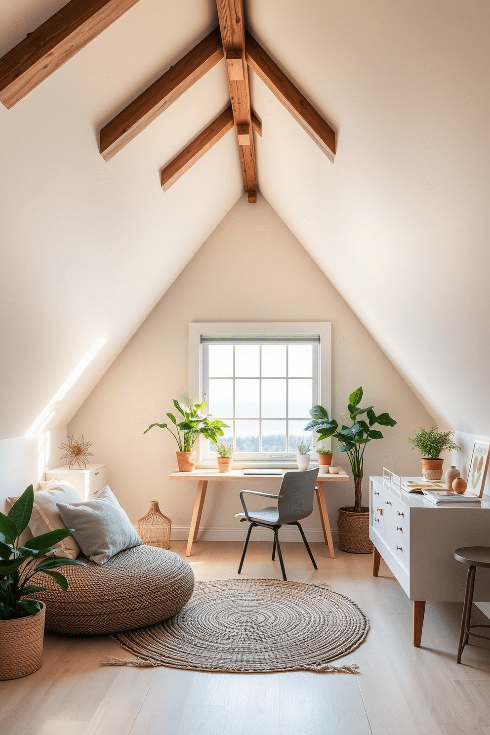 Create a cozy summer attic space that features a mini workspace with a large window providing a stunning view. The workspace includes a sleek desk with a comfortable chair, surrounded by soft natural light and adorned with potted plants for a refreshing touch. The walls are painted in a light pastel color, complemented by exposed wooden beams that add character to the room. Cozy seating is arranged nearby with plush cushions, and decorative elements like a woven rug and art pieces enhance the inviting atmosphere.