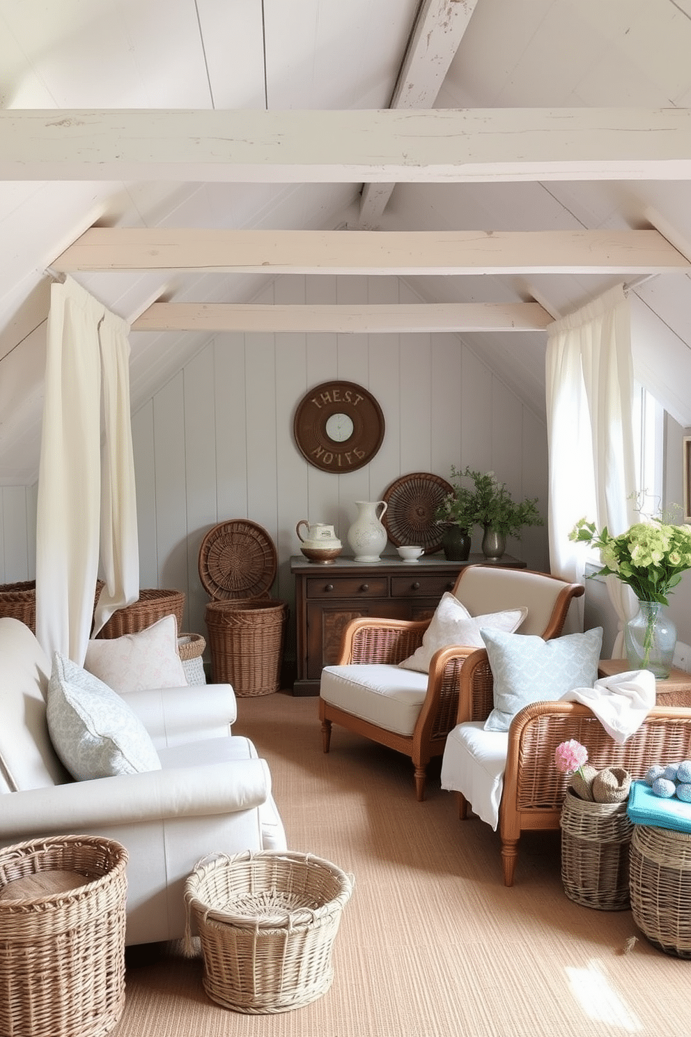 A cozy summer attic decorated with light and airy textiles. Decorative baskets are used for storage solutions, adding a touch of warmth and organization to the space. Soft pastel colors adorn the walls, creating a serene atmosphere. Vintage furniture pieces are strategically placed to enhance the charm of the attic, inviting relaxation and creativity.