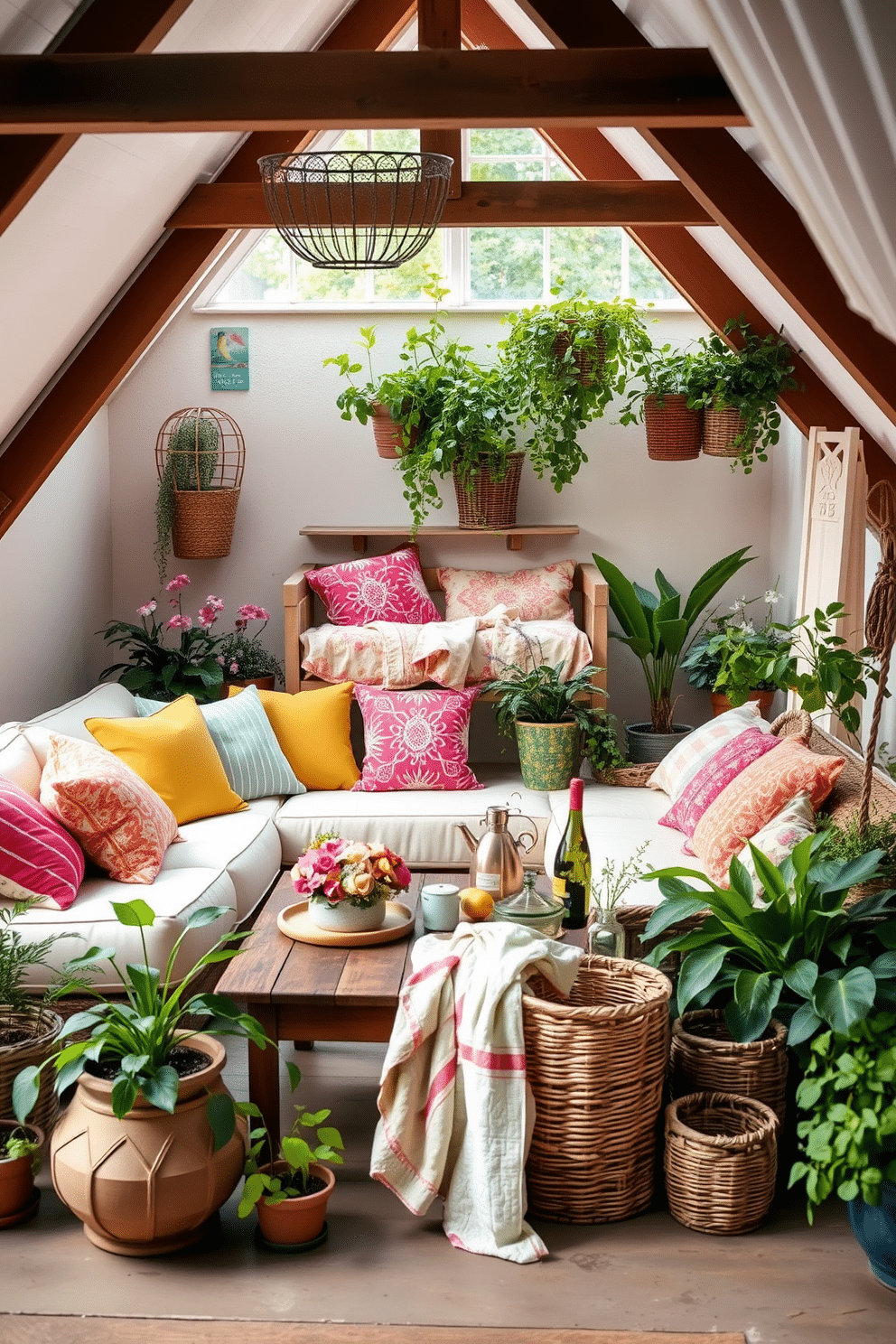 A serene outdoor-inspired lounge area featuring a comfortable sectional sofa adorned with vibrant throw pillows. Surrounding the seating are lush potted plants and a rustic wooden coffee table, creating a cozy atmosphere for relaxation. A charming summer attic decorated with light, airy colors and soft textiles. The space includes a vintage daybed draped with a pastel quilt and surrounded by woven baskets filled with summer essentials.