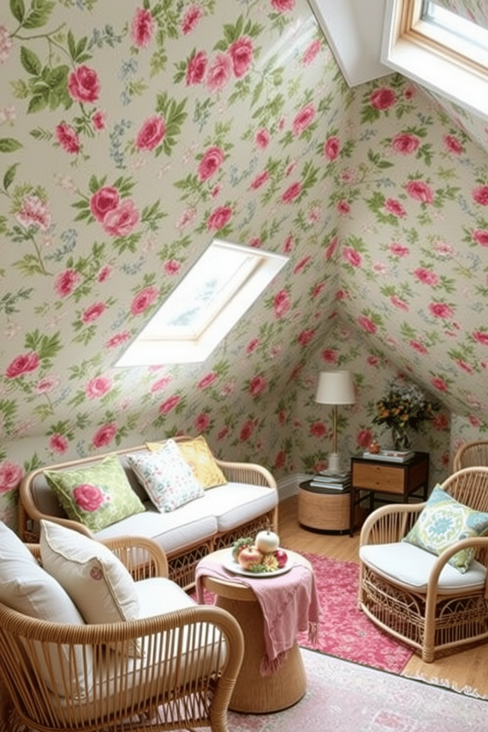 A cozy summer attic retreat. The walls are adorned with removable wallpaper featuring a vibrant floral pattern, creating a fresh and inviting atmosphere. A plush seating area is arranged with a lightweight rattan sofa and colorful throw pillows. Natural light floods the space through a skylight, illuminating a small table adorned with seasonal decorations.