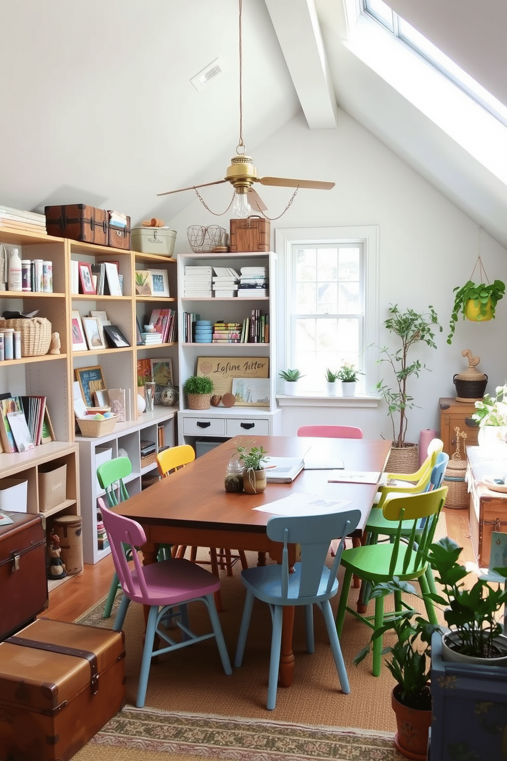 Create a cozy craft corner filled with natural light. A large wooden table is surrounded by colorful chairs and shelves filled with art supplies and summer project materials. Design a charming summer attic retreat. The space features soft pastel colors, comfortable seating, and decorative accents like vintage trunks and potted plants.