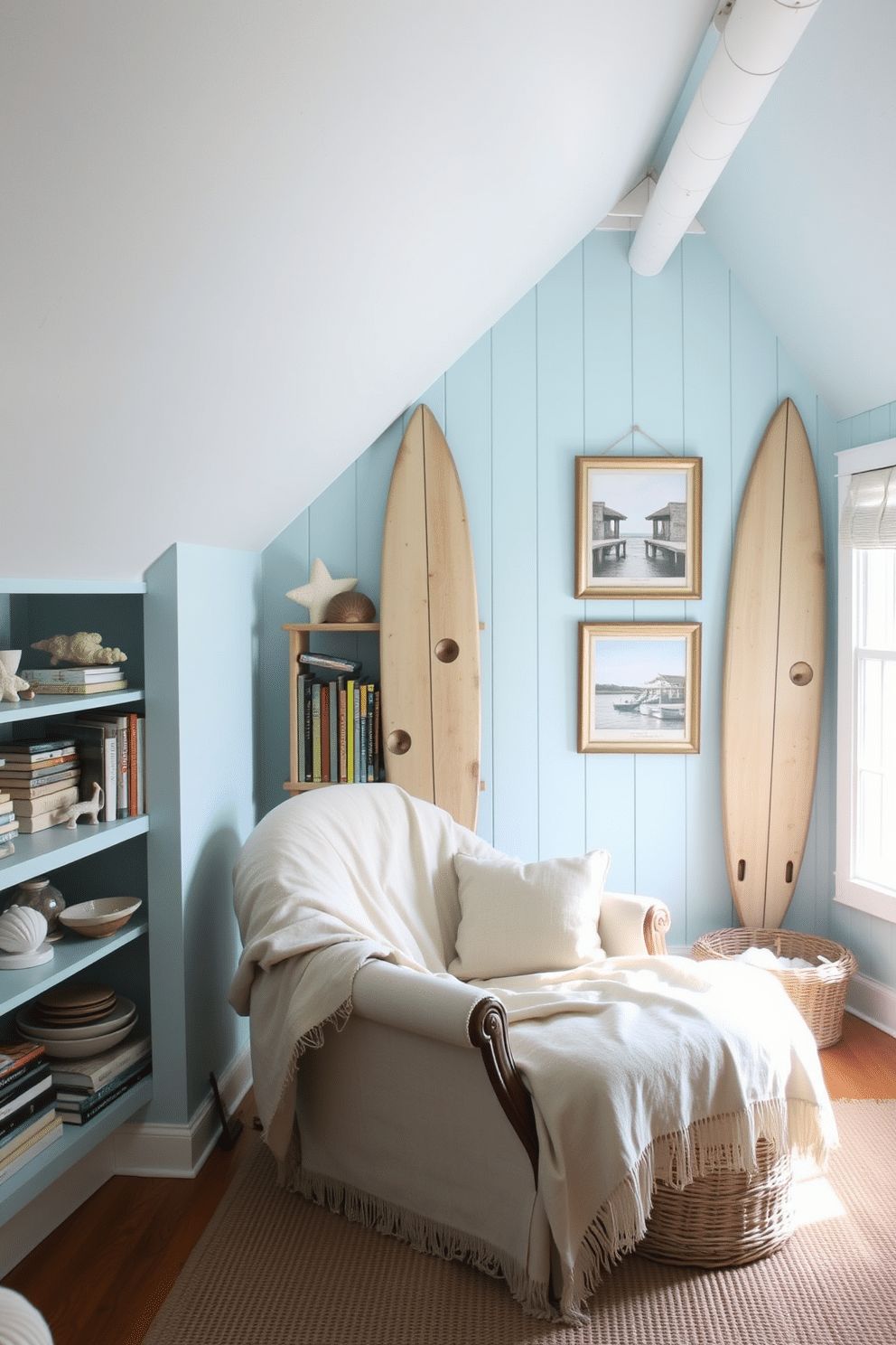 A charming summer attic space filled with natural light. The room features a cozy reading nook with a vintage armchair draped in a light linen throw, surrounded by shelves filled with beach-themed books and decorative seashells. The walls are painted a soft sky blue, creating a serene atmosphere. Vintage beach-themed accessories like a weathered wooden surfboard and framed coastal prints adorn the walls, enhancing the seaside vibe.