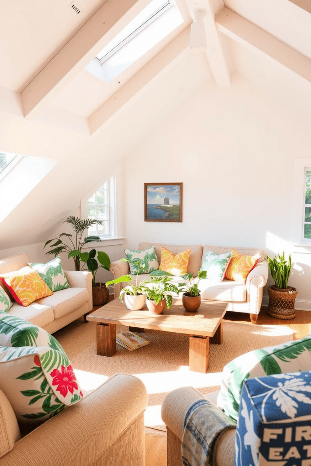 Create a cozy summer attic space filled with natural light. The room features a comfortable seating area with a plush sofa adorned with tropical-themed throw pillows in vibrant colors. Add a rustic wooden coffee table in the center, surrounded by a few potted plants for a fresh touch. The walls are painted in a soft white, and the ceiling beams are exposed, enhancing the airy feel of the attic.