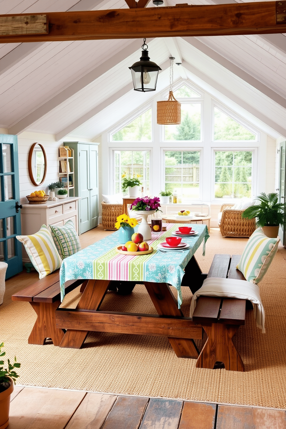 A charming outdoor setting featuring a rustic picnic table surrounded by comfortable benches. The table is adorned with a vibrant tablecloth, fresh fruit, and colorful dinnerware, creating an inviting atmosphere for casual dining. A cozy attic space transformed into a summer retreat with light, airy decor. Soft pastel colors dominate the walls and furnishings, while large windows let in natural light, highlighting the comfortable seating and decorative accents.