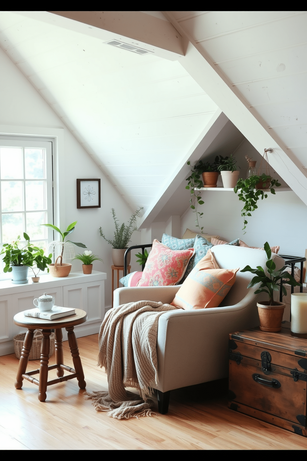 A cozy reading nook setup with a plush armchair upholstered in soft fabric positioned next to a large window. A small wooden side table holds a steaming cup of tea and a stack of books, while a warm throw blanket drapes over the chair. Summer attic decorating ideas featuring light-colored wooden beams and whitewashed walls that create an airy atmosphere. A comfortable daybed adorned with colorful cushions sits in one corner, surrounded by potted plants and a vintage trunk for storage.