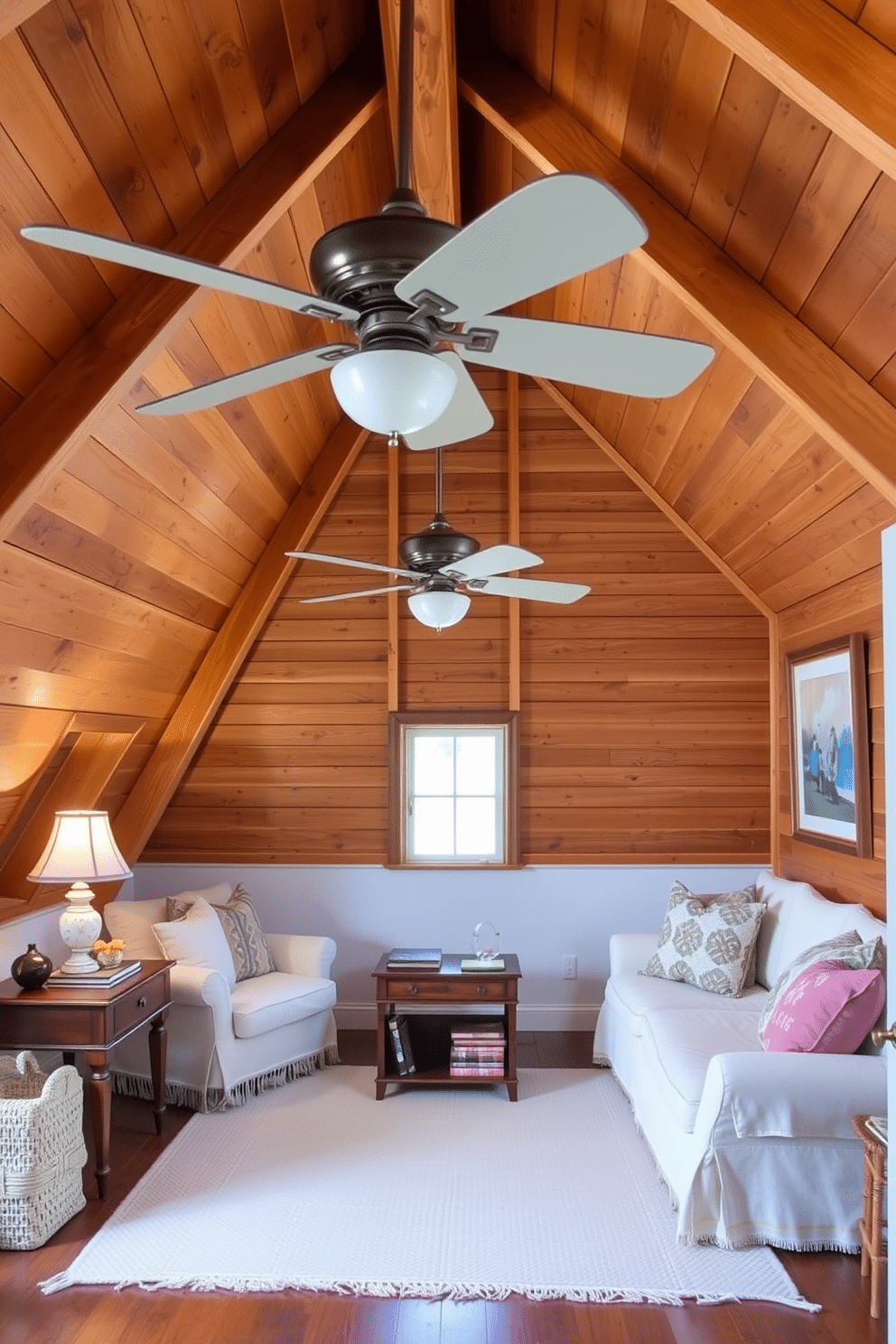 A cozy summer attic retreat with a wooden ceiling and exposed beams. The space features a comfortable seating area with plush cushions and a light-colored area rug. In one corner, there is a small writing desk with a vintage lamp and a stack of books. Ceiling fans are installed to provide cool breezes, enhancing the relaxed atmosphere of the room.