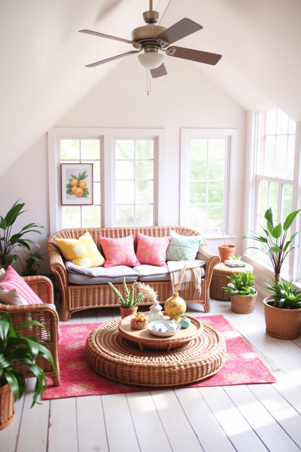 A cozy summer attic space featuring wicker furniture that creates a relaxed and inviting atmosphere. The walls are painted in soft pastel shades, and large windows allow natural light to flood the room, enhancing the airy feel. A comfortable wicker sofa is adorned with colorful throw pillows, while a matching coffee table holds a selection of summer-themed decor. Potted plants in the corners add a touch of greenery, complementing the overall serene aesthetic of the attic retreat.