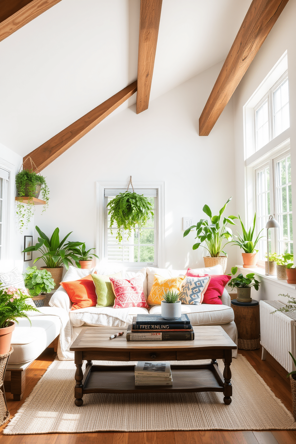 A cozy summer attic space filled with light and warmth. Soft white walls create a serene backdrop for rustic wooden beams and a sloped ceiling. A comfortable seating area features a plush sofa adorned with vibrant throw pillows. Large windows let in ample sunlight, enhancing the inviting atmosphere. Indoor plants are strategically placed throughout the space, adding a touch of natural freshness. A few potted ferns and succulents bring life to the corners and shelves. A vintage coffee table sits in the center, topped with a stack of art books and a decorative tray. The overall design blends comfort with a touch of whimsy, perfect for summer relaxation.