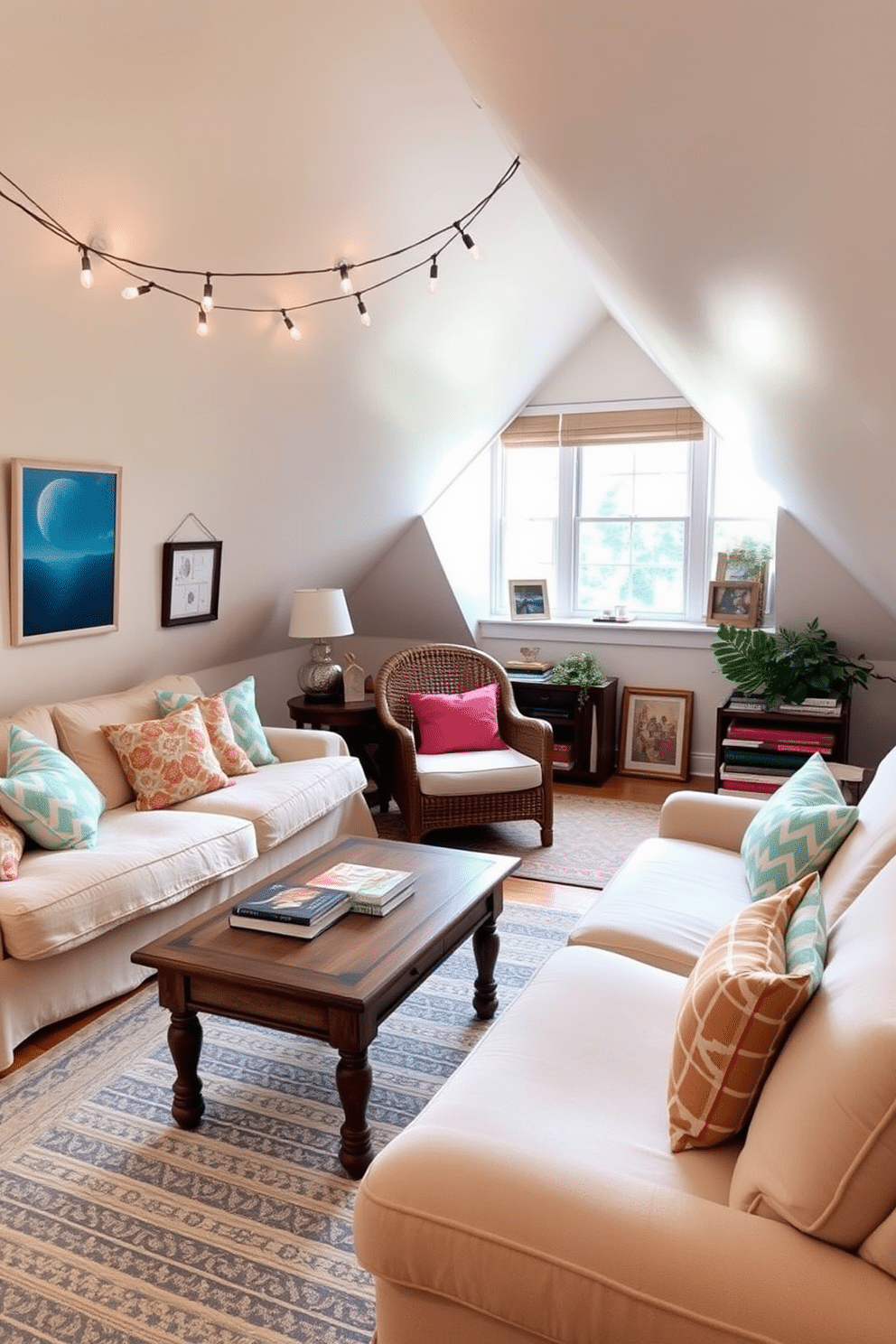 A cozy summer attic retreat filled with natural light. The space features a comfortable seating area with a plush sofa adorned with colorful throw pillows, and a vintage wooden coffee table sits in front of it. Hang string lights across the sloped ceiling for soft illumination. A small reading nook is created by a corner window, with a cozy armchair and a stack of books nearby.