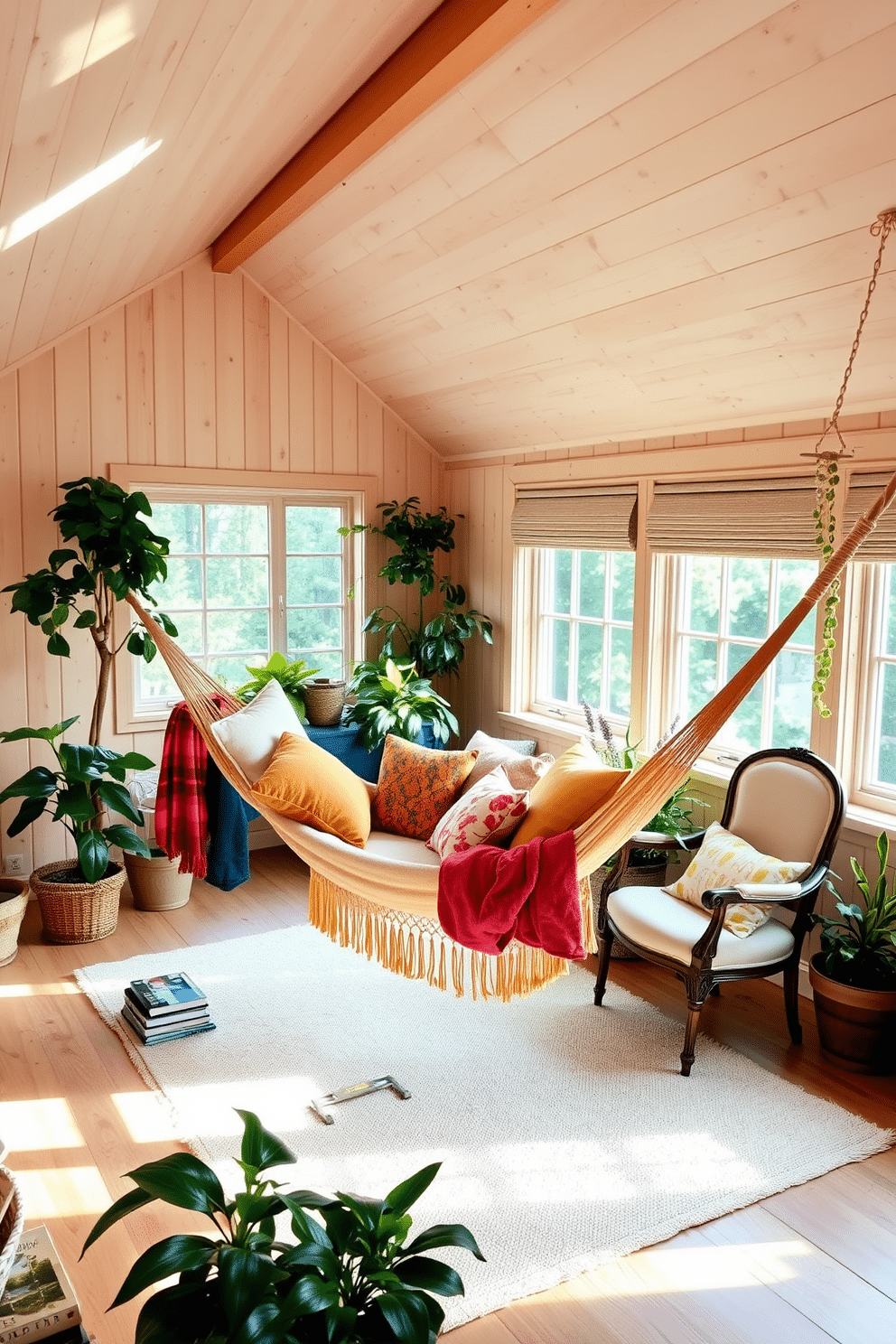 A cozy summer attic retreat featuring a suspended hammock draped with colorful throw pillows. The walls are adorned with light wood paneling, and large windows allow natural light to flood the space, highlighting a soft area rug beneath the hammock. In one corner, a small reading nook is created with a vintage armchair and a stack of books, inviting relaxation. Potted plants are scattered throughout, adding a touch of greenery and freshness to the serene atmosphere.