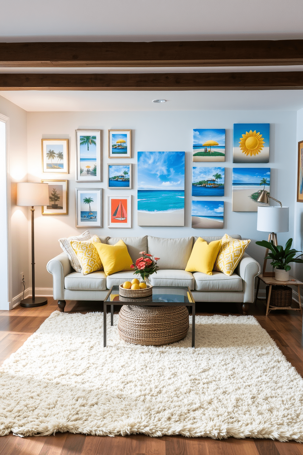 A cozy summer basement retreat featuring a gallery wall adorned with vibrant summer-themed art pieces. The space is filled with comfortable seating, soft lighting, and a refreshing color palette of light blues and yellows. The gallery wall showcases a mix of framed prints and canvas art, celebrating summer landscapes and beach scenes. Plush rugs and throw pillows add warmth and texture, creating an inviting atmosphere perfect for relaxation and entertainment.