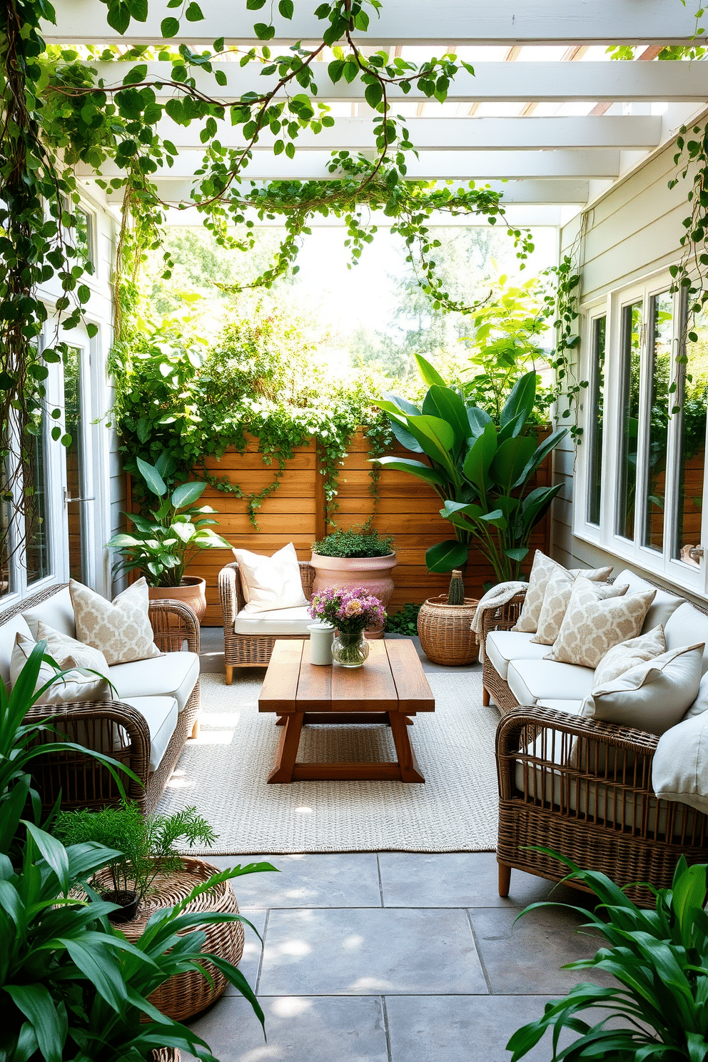 A serene outdoor-inspired seating area with comfortable rattan furniture arranged around a low wooden coffee table. Lush greenery surrounds the space, with potted plants and climbing vines creating a natural ambiance. A cozy basement decorated for summer with bright, airy colors and light fabrics. Soft seating options, such as oversized cushions and a light area rug, invite relaxation while large windows allow natural light to flood the space.