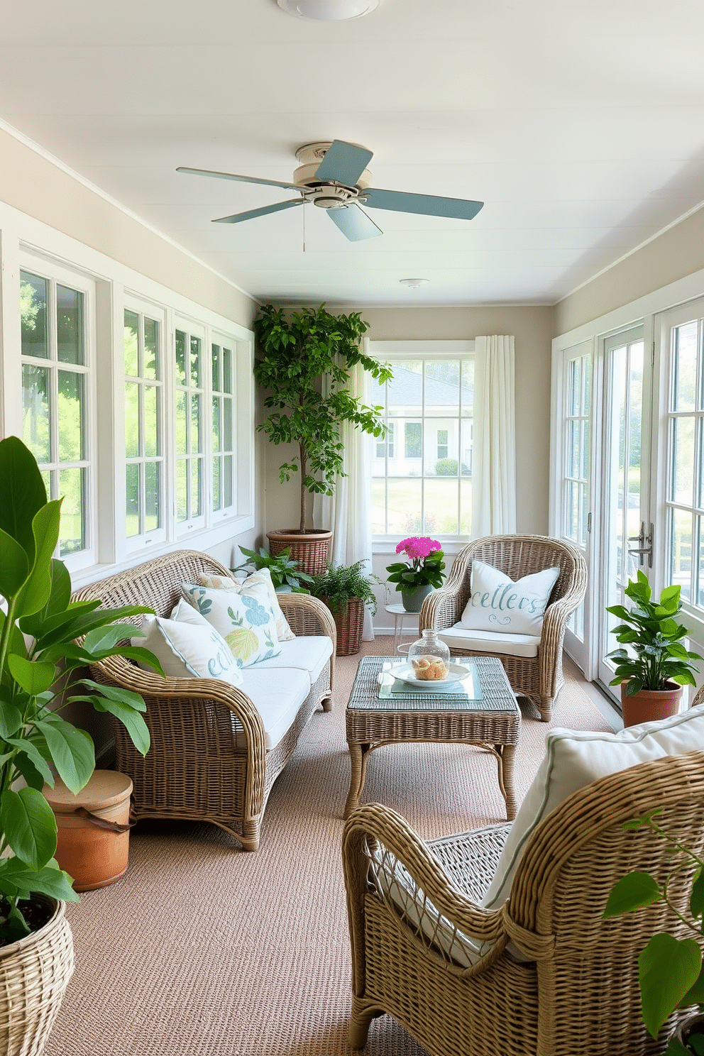 A serene summer basement retreat featuring wicker furniture that invites relaxation. The space is adorned with light, airy textiles and soft pastel colors to enhance the breezy atmosphere. Incorporate large windows to allow natural light to flood the area, creating an inviting ambiance. Add potted plants and decorative cushions to complement the wicker pieces and bring the outdoors inside.