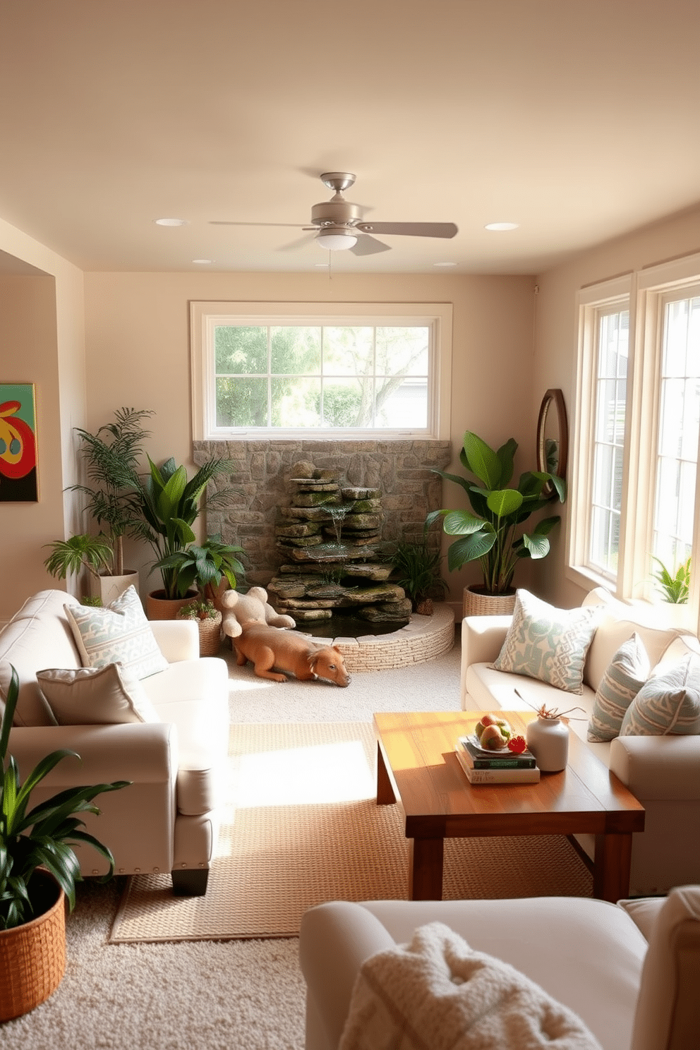 A cozy summer basement retreat featuring a small indoor water feature that adds a calming ambiance. The space is adorned with light-colored furniture, including a plush sectional sofa and a wooden coffee table, creating an inviting atmosphere. The walls are painted in a soft beige, complemented by vibrant artwork that brings energy to the room. Large windows allow natural light to flood in, enhancing the airy feel of the space while potted plants add a touch of greenery.