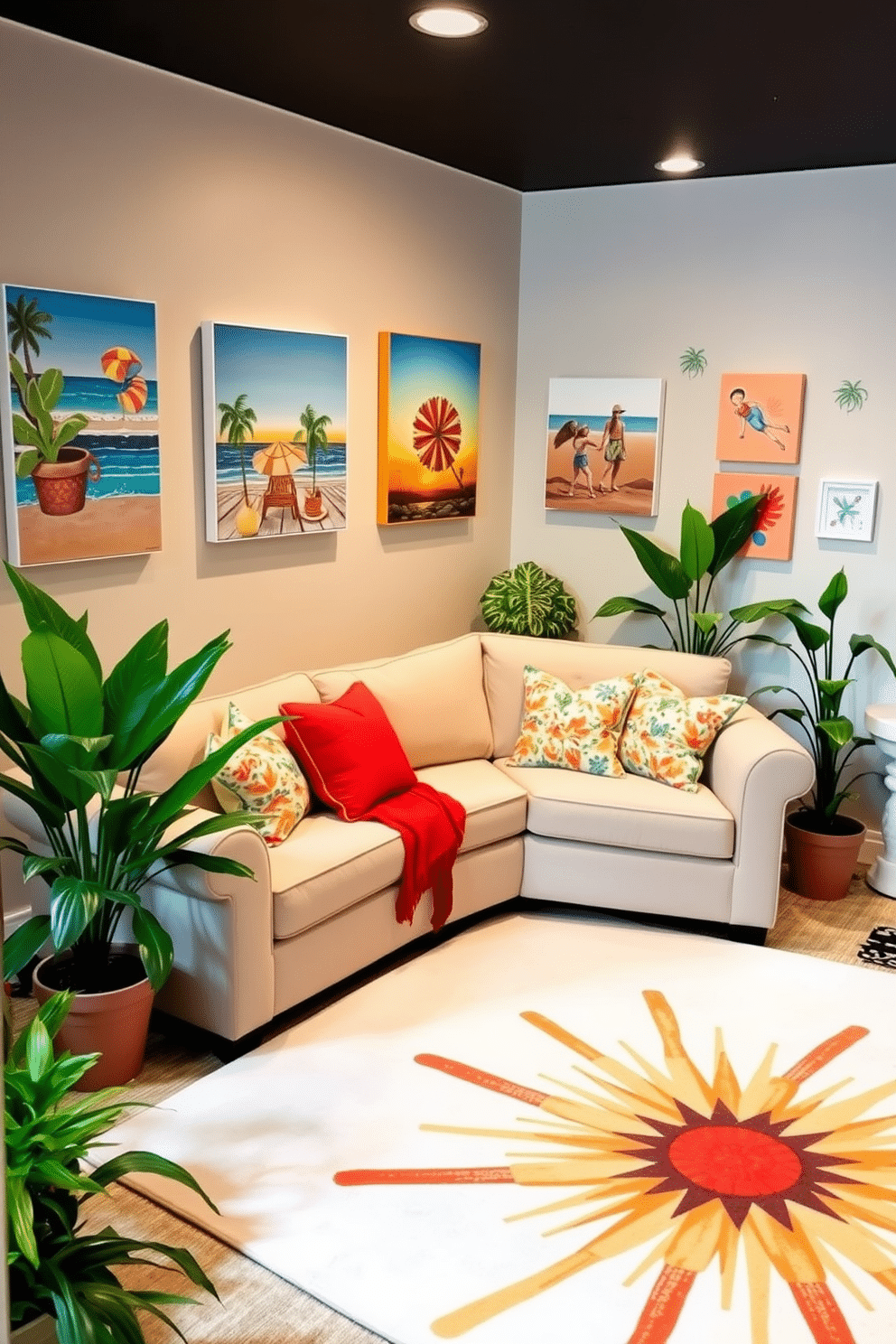 A cozy summer-themed basement retreat. The walls are adorned with vibrant artwork featuring beach scenes and tropical motifs, creating a lively atmosphere. A plush sectional sofa in light beige is complemented by colorful throw pillows that echo the summer theme. A large area rug with a sunburst pattern anchors the seating area, while potted plants add a touch of greenery.