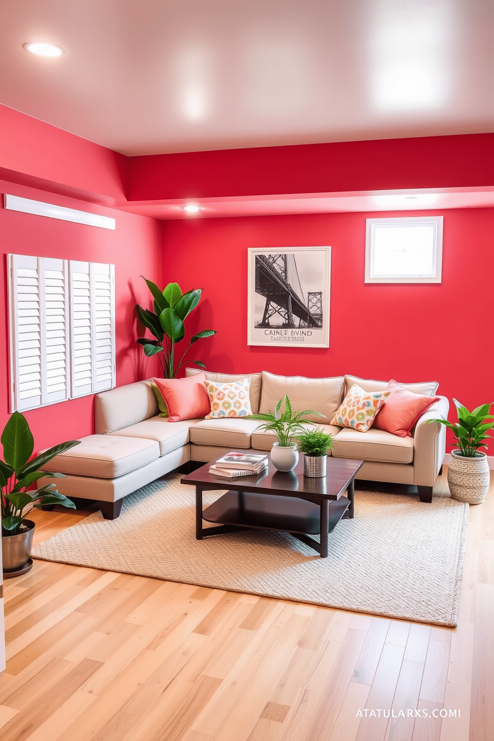 Create a vibrant summer basement retreat. The walls are painted in a bright coral hue, energizing the space and complementing the light wood flooring. In the center, a cozy seating area features a plush sectional sofa adorned with colorful throw pillows. A stylish coffee table sits atop a large area rug, while potted plants add a refreshing touch to the decor.