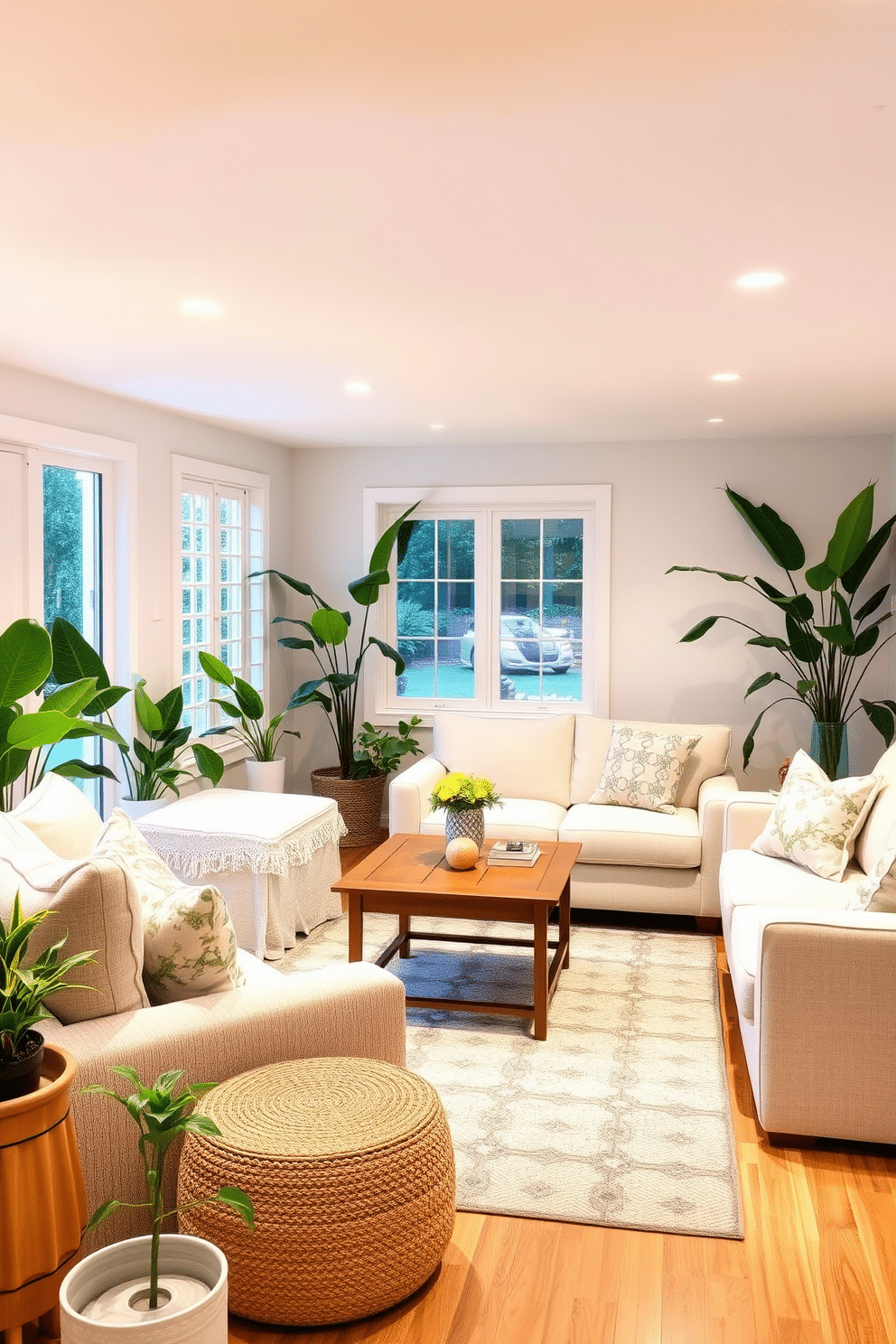 A cozy summer basement retreat with soft recessed lighting that creates a warm and inviting atmosphere. The space features light-colored furniture, including a plush sectional sofa and a wooden coffee table, surrounded by vibrant indoor plants. The walls are painted in a light pastel hue, enhancing the brightness of the room. A stylish area rug adds texture, and large windows let in natural light, making the basement feel open and airy.