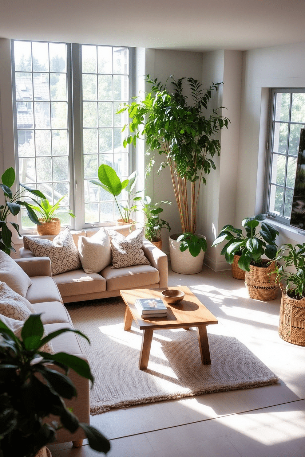 A cozy summer basement retreat. Soft natural light filters through large windows, illuminating a comfortable seating area adorned with plush cushions and a light-colored area rug. Lush indoor plants are strategically placed around the space, adding a touch of freshness and vibrancy. A wooden coffee table sits at the center, topped with a few art books and a decorative bowl.