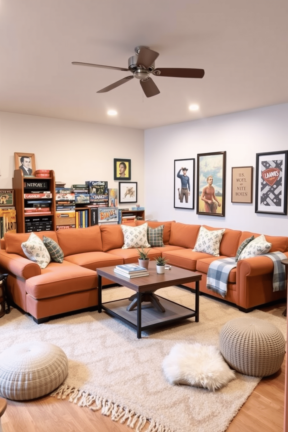 Create a cozy game corner filled with an assortment of board games. The space features a comfortable sectional sofa in a warm color, surrounded by a large coffee table and soft area rugs. For summer basement decorating ideas, incorporate bright colors and natural textures. Use light furniture and cheerful artwork to create an inviting and airy atmosphere.