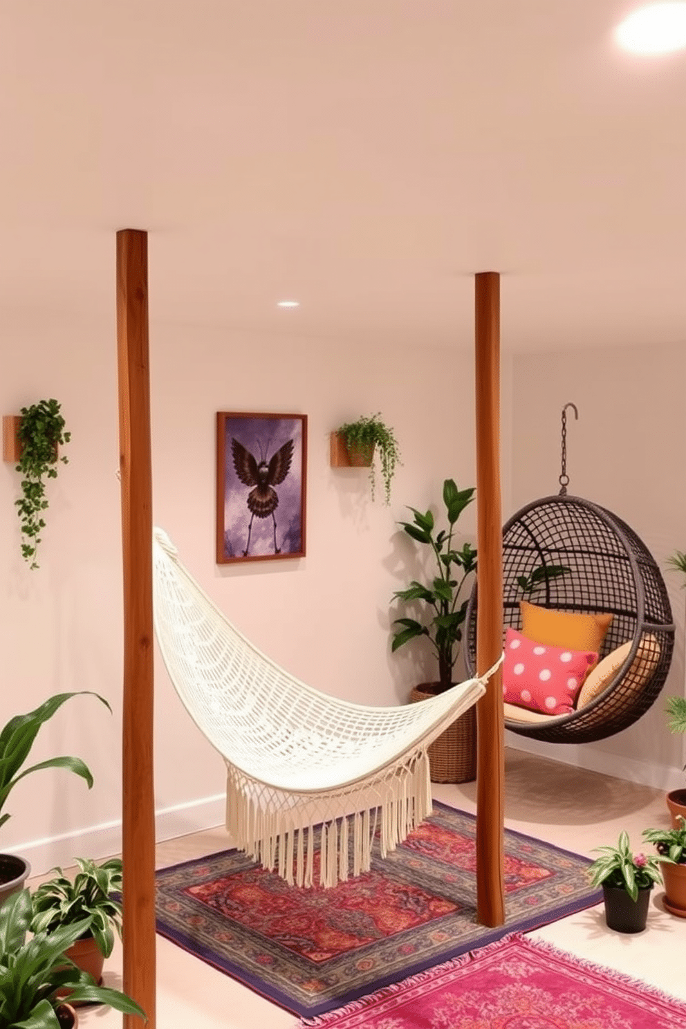 A cozy summer basement retreat featuring a comfortable hammock strung between two sturdy wooden posts. The walls are painted in a light, airy color, and soft, ambient lighting creates a warm atmosphere. In one corner, a stylish swing chair is suspended from the ceiling, inviting relaxation. Potted plants and colorful cushions add vibrant touches to the space, making it a perfect escape for leisurely afternoons.