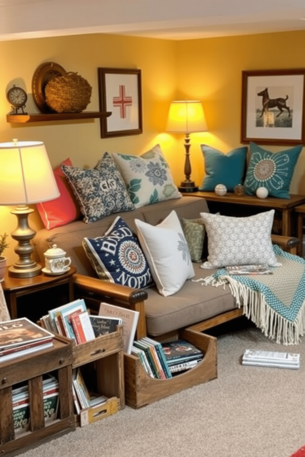 A cozy summer basement retreat featuring vintage decor elements. The space is adorned with a collection of colorful throw pillows and a woven blanket draped over a rustic wooden sofa. Antique wooden crates serve as both decor and storage, holding an assortment of summer-themed books and magazines. Soft, ambient lighting from vintage-style lamps creates a warm and inviting atmosphere throughout the room.