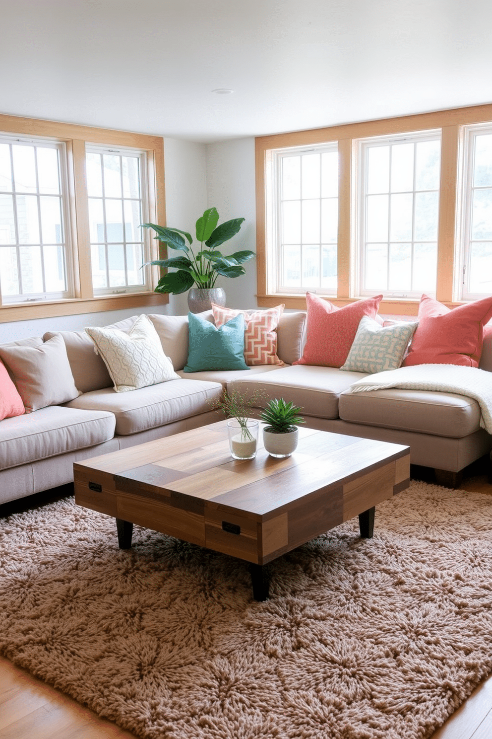 A cozy summer basement retreat featuring light wood finishes that add warmth and character. The space includes a comfortable sectional sofa adorned with colorful throw pillows, paired with a sleek coffee table made of reclaimed wood. Natural light filters in through large windows, creating an inviting atmosphere. The walls are painted in a soft, airy color, complemented by a plush area rug that adds texture underfoot.