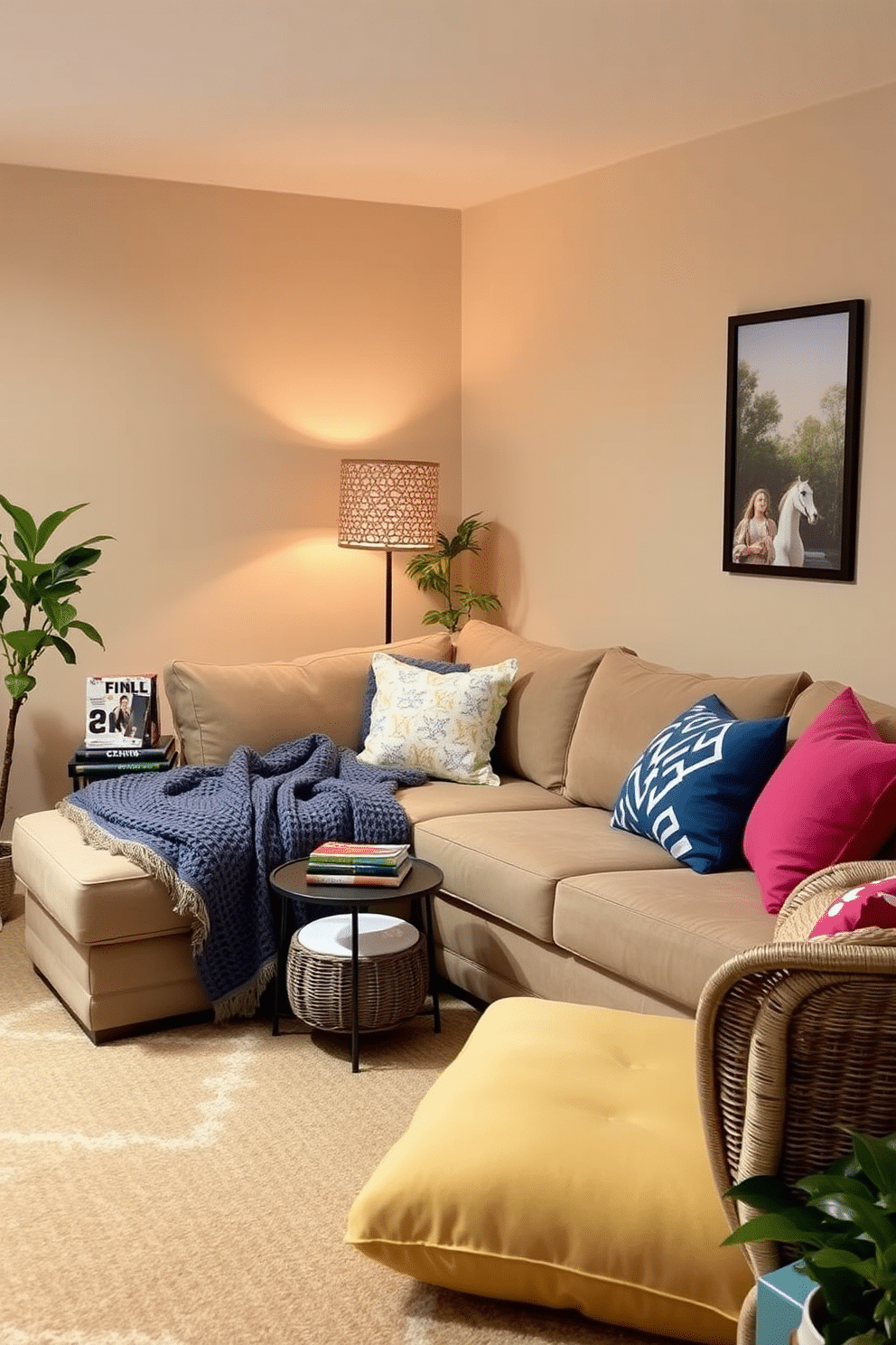 Create a cozy movie corner with blankets. A plush sectional sofa is adorned with colorful throw pillows and a soft knitted blanket, inviting relaxation. In the corner, a stylish floor lamp casts a warm glow over a small side table stacked with favorite films and snacks. The walls are painted in a soft beige, and a large area rug adds comfort underfoot, completing the perfect movie-watching atmosphere. For summer basement decorating ideas, incorporate light and airy colors to create an inviting space. Use wicker furniture and bright cushions to enhance the cheerful vibe while adding potted plants for a touch of greenery.