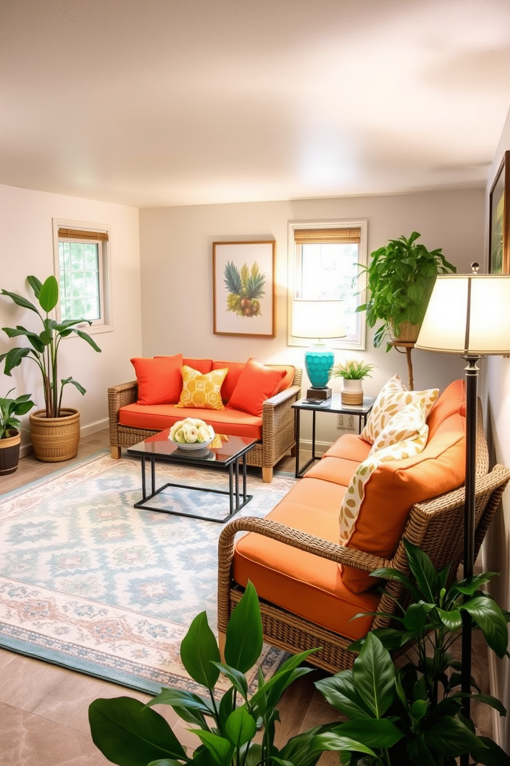 Create a bright and inviting summer basement space. Incorporate comfortable seating with colorful cushions and a large area rug to define the area. Use bright table lamps for illumination, strategically placed on side tables next to the seating. Add greenery with potted plants to bring a fresh, vibrant feel to the basement.