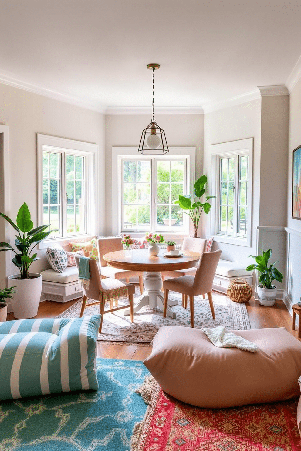 A bright and inviting breakfast nook area filled with natural light. The space features a round wooden table surrounded by comfortable upholstered chairs, with large windows offering a view of the garden. In the corner, there's a cozy bench with colorful cushions, perfect for lounging. The walls are painted in a soft pastel hue, and a stylish pendant light hangs above the table, creating a warm atmosphere. For summer basement decorating ideas, envision a vibrant and airy space transformed into a relaxing retreat. The area is adorned with light-colored furniture and bright artwork, enhancing the cheerful vibe of the basement. Add potted plants and soft textiles to create a welcoming environment. Large rugs and throw pillows provide comfort, making it an ideal spot for gatherings or relaxation.