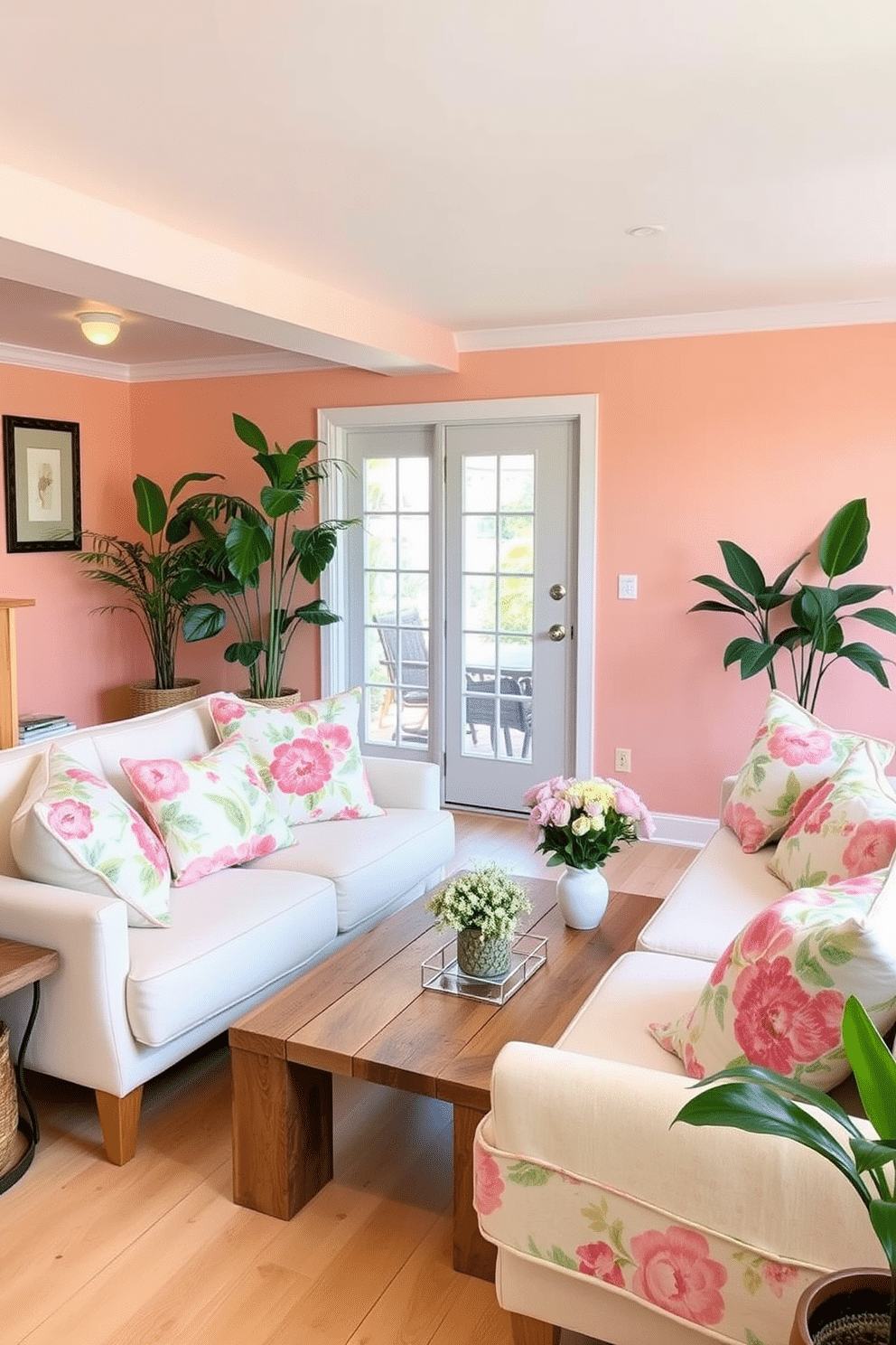 A bright and airy summer basement retreat. The walls are painted in soft pastel shades of peach and mint, while light wood flooring enhances the cheerful atmosphere. Cozy seating areas are arranged with plush, oversized cushions in vibrant floral patterns. Accent tables made of reclaimed wood add a rustic touch, complemented by potted plants that bring life to the space.