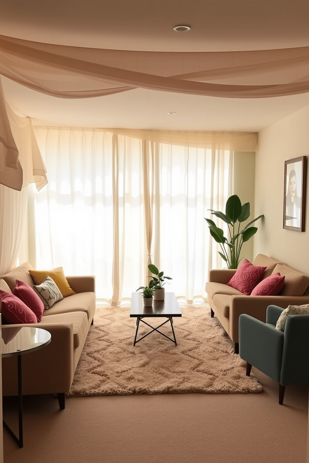 A bright and airy basement space adorned with lightweight fabric curtains that gently filter sunlight. The walls are painted in a soft pastel color, and the floor is covered with a plush area rug that adds warmth and comfort. Cozy seating arrangements featuring a mix of modern and vintage furniture create an inviting atmosphere. A small coffee table sits in the center, surrounded by vibrant cushions and a few potted plants that bring life to the space.