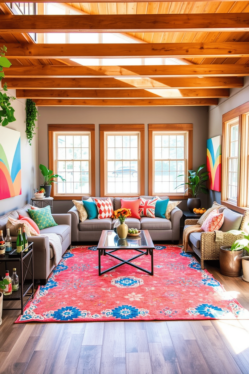 A cozy summer basement retreat. The space features a comfortable sectional sofa adorned with colorful throw pillows, paired with a sleek coffee table in the center. Large windows allow natural light to flood the room, highlighting the warm wooden beams overhead. A vibrant area rug adds warmth and texture, anchoring the seating area and inviting relaxation. On one side, a small bar cart is stocked with refreshing beverages, while wall art in bright colors brings energy to the space. Potted plants in the corners enhance the lively atmosphere, creating a cheerful and inviting environment.